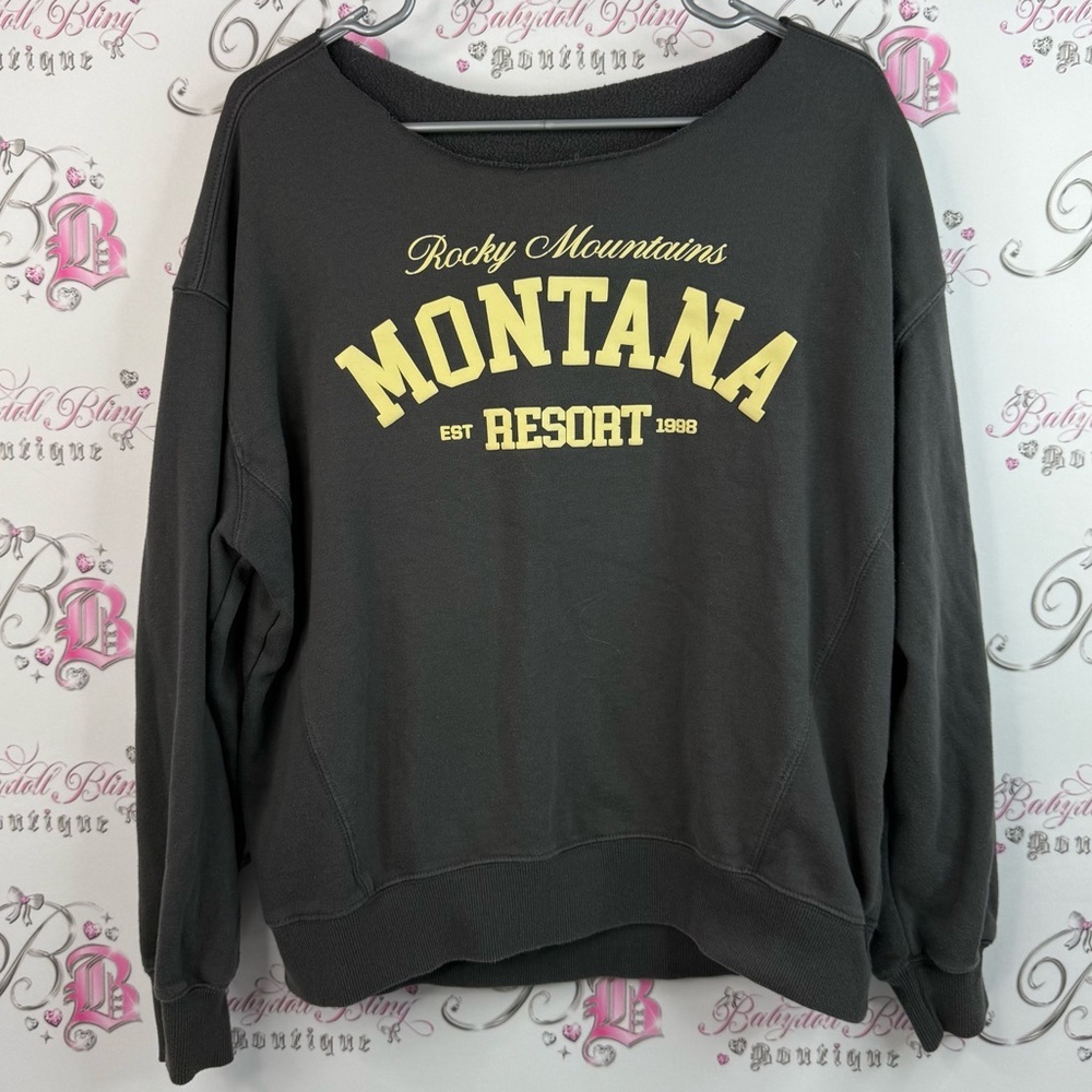 Garage sweater pull over Rocky Mountains grey yellow Montana Resort Sweatshirt